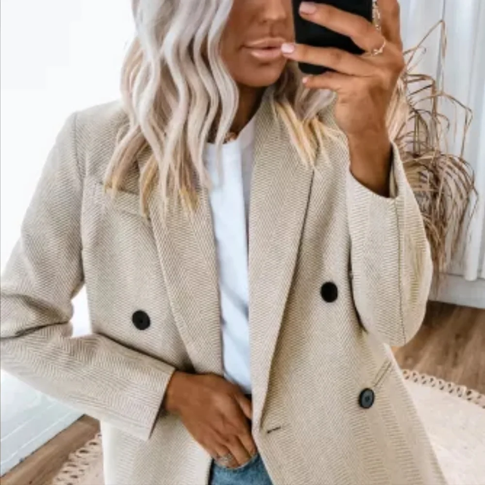 🙂New Chevron Ribbed Double Breasted Lapel Collar Blazer - Picture 2 of 16